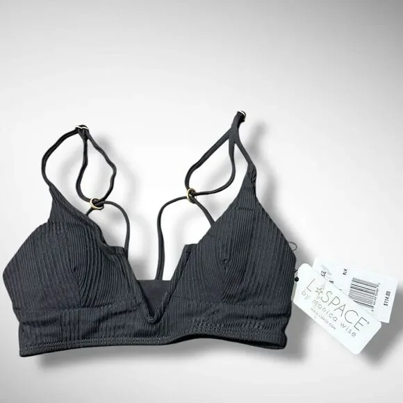 L*SPACE Pointelle Rib Siren Bikini Top In Black Size XS